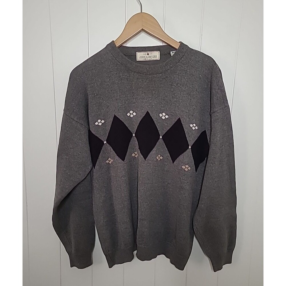 Vintage John Ashford Golf Sweater Mens Size Large Gray Black Cotton Winter Fall
